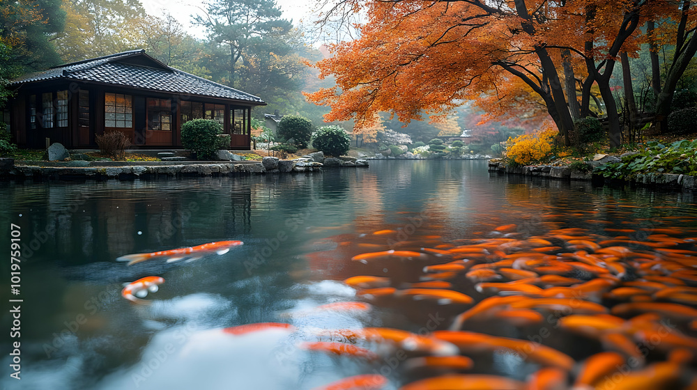 Fototapeta premium Autumnal Japanese Garden with Koi Pond - Illustration