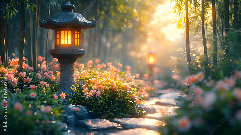 Illuminated Stone Lantern in a Tranquil Bamboo Forest 3D Illustration