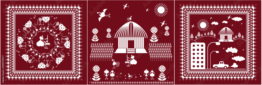 Naklejka premium warli painting,Forest and animal Landscape, village and Farming Chikan stand on the animaland village