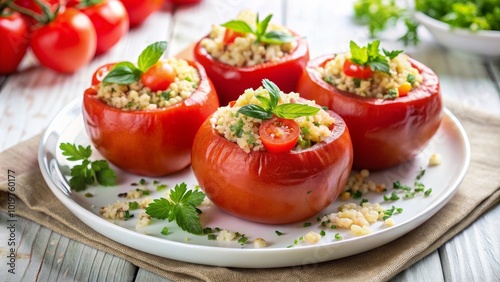 Delicious stuffed tomatoes filled with a healthy mix of quinoa, vegetables, and herbs on a white plate