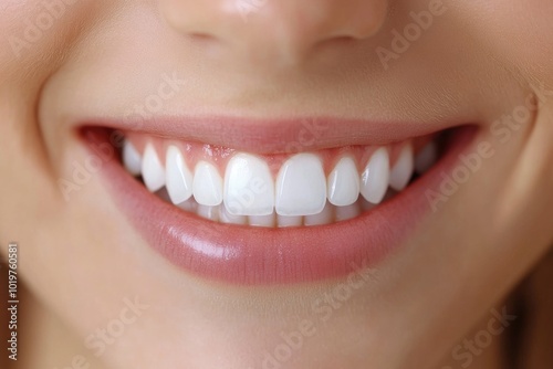 Close-up of a Woman's Smiling Mouth with Perfectly White Teeth photo