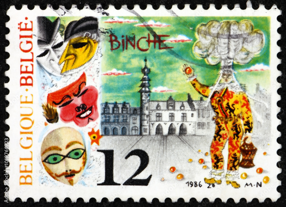 Postage stamp Belgium 1986 Binche Gilles, belfry and city hall, carnival city