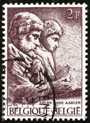 Postage stamp Belgium 1969 the travelers, Roman sculpture, 2000th anniversary of city of Arlon photo