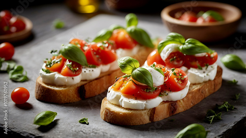 Delicious Bruschettas with fresh tomatoes and mozzarella photo