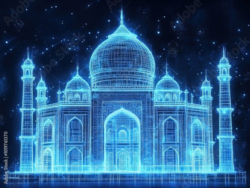 Stunning Neon Blueprint of Majestic Domes and Arches: A Striking Blue Architectural Design Perfect for Sporty Interior Posters