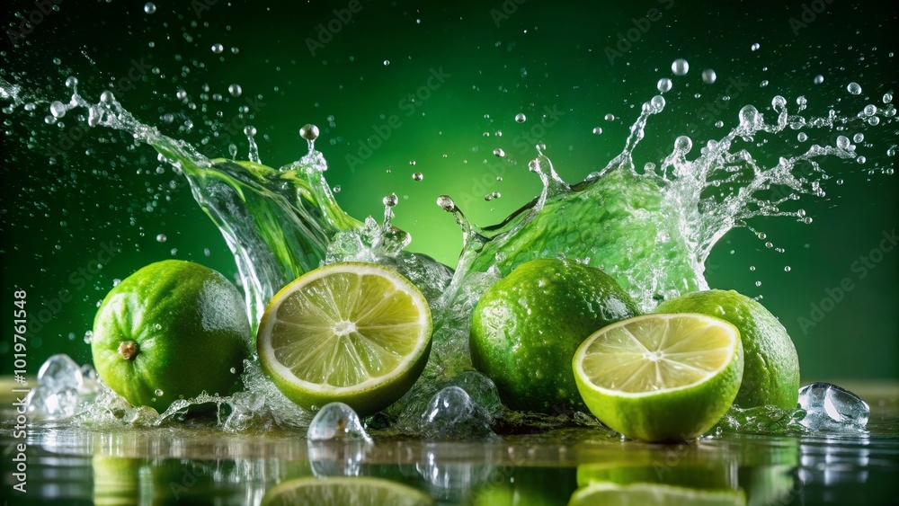 Fresh limes splashing in water against a deep green background, limes, water, splash, explosion, fresh, green, citrus, refreshing Fresh limes splashing in water against a deep green background, limes, water, splash, explosion, fresh, green, citrus, refreshing