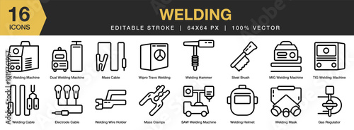 Welding icon set. Editable Stroke Icon Collection. Includes welding machine, electrode cable, regulator, mass clamps, and More. Outline icons vector collection.