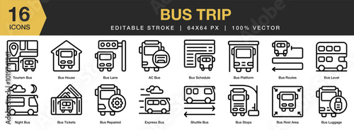 Bus Trip icon set. Editable Stroke Icon Collection. Includes Repaired, rest area, route, schedule, ticket, express, and More. Outline icons vector collection.