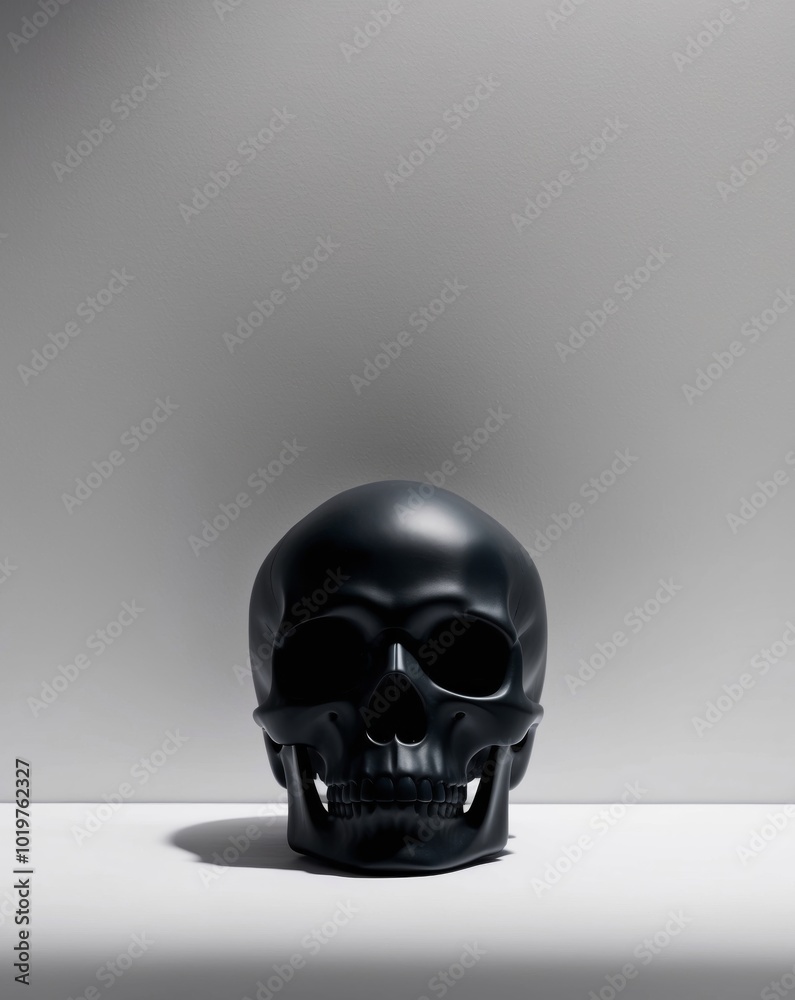 A skull with a black face is surrounded by a black background. A skull with a black face is surrounded by a black background.