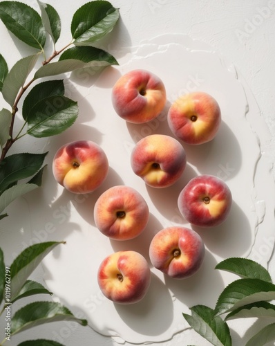 A Still Life Featuring Ripe Peaches and Green Leaves. photo