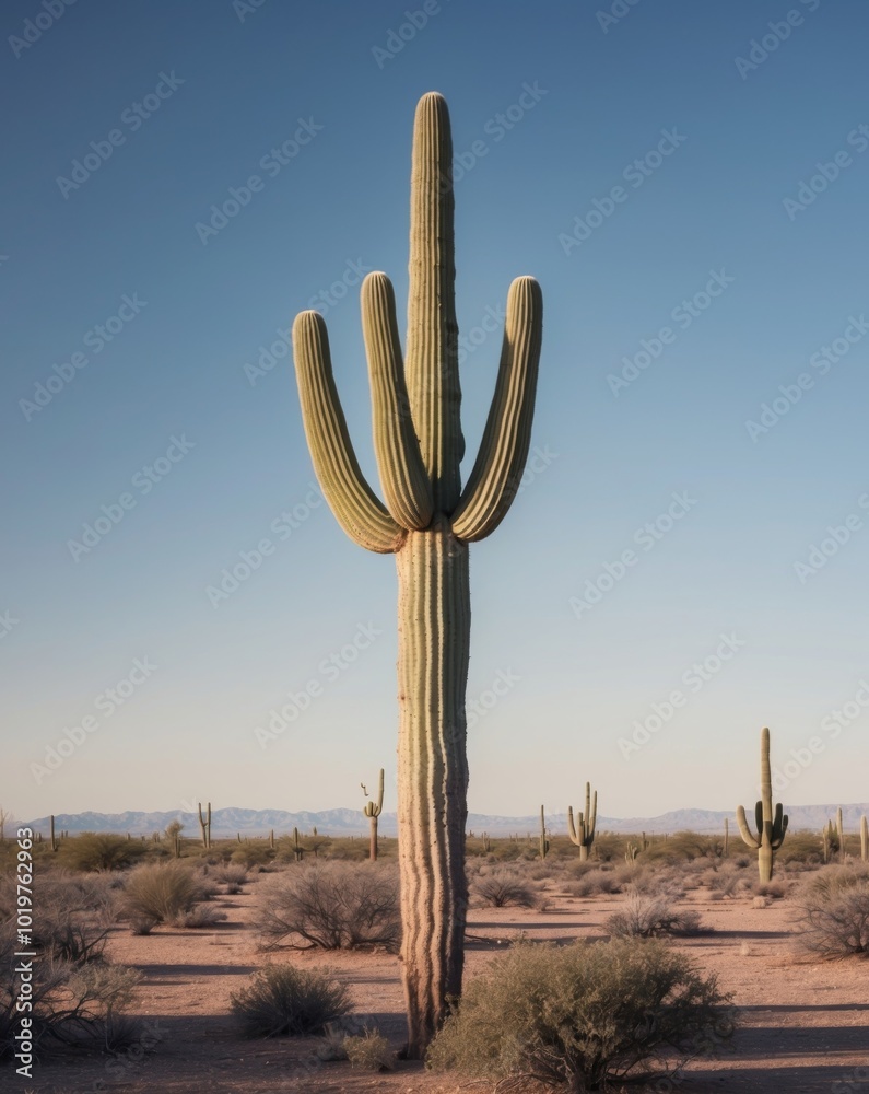 A Tall Saguaro Cactus Standing Tall in the Desert Landscape. A Tall Saguaro Cactus Standing Tall in the Desert Landscape.