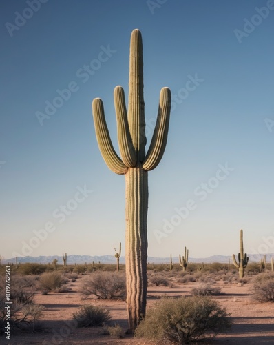 A Tall Saguaro Cactus Standing Tall in the Desert Landscape. photo