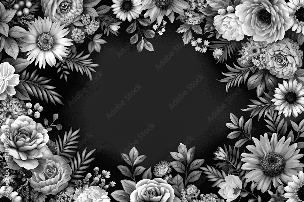 Black and white flowers pattern background with aerial view Black and white flowers pattern background with aerial view