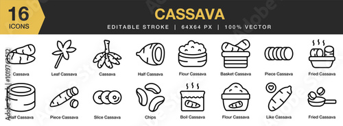 Cassava icon set. Editable Stroke Icon Collection. Includes basket, boiled, chips, flour, fried cassava, and More. Outline icons vector collection.