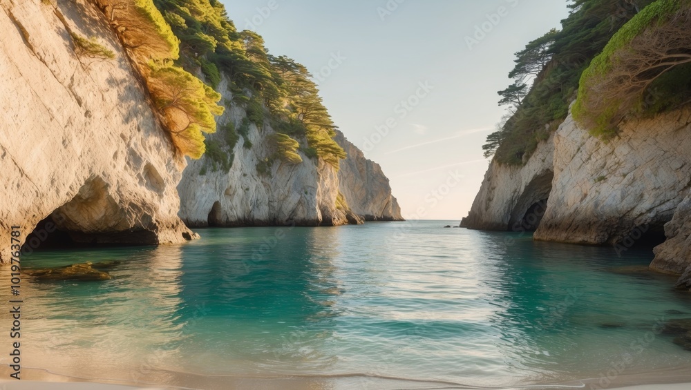Fototapeta premium A hidden cove surrounded by rocky cliffs and clear blue water.