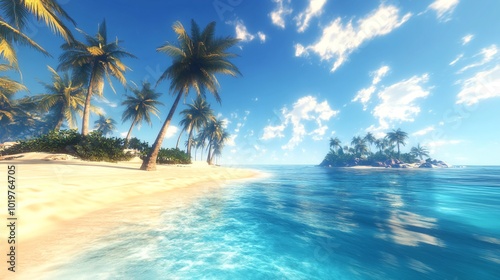 Tropical beach with palm trees, white sand, and turquoise water.