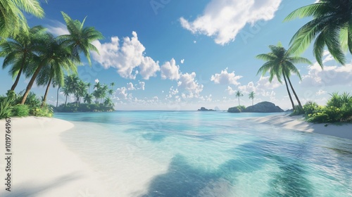 Tropical beach with palm trees, white sand, turquoise water and blue sky with fluffy clouds.