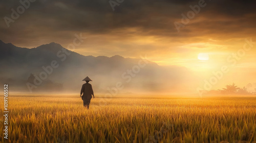 tranquil countryside moment as lone figure walks through golden rice field at sunrise, surrounded by misty mountains and serene atmosphere