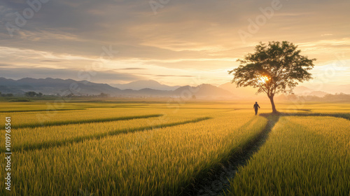 tranquil countryside moment as lone figure walks through golden rice fields at sunset, surrounded by mountains and serene atmosphere