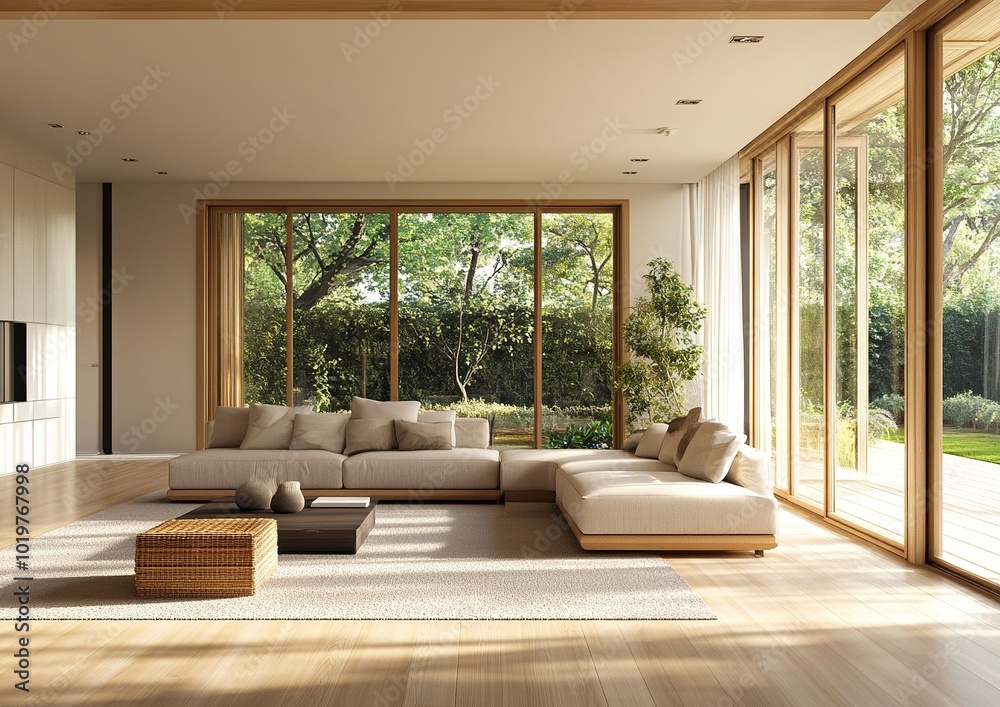Serene Modern Japanese Living Room with Sliding Doors, Minimalist Design, Natural Light, Tranquil Atmosphere, Contemporary Furniture, Zen Aesthetic, Cozy Space Serene Modern Japanese Living Room with Sliding Doors, Minimalist Design, Natural Light, Tranquil Atmosphere, Contemporary Furniture, Zen Aesthetic, Cozy Space