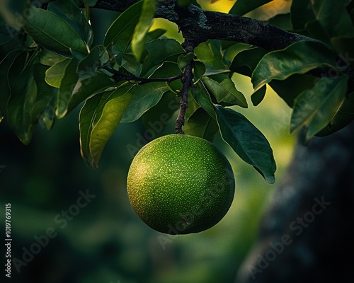 Vibrant Green Bael Fruit Hanging Gracefully on Tree Branches in Lush Natural Surroundings for Organic Farming and Fresh Produce Imagery photo