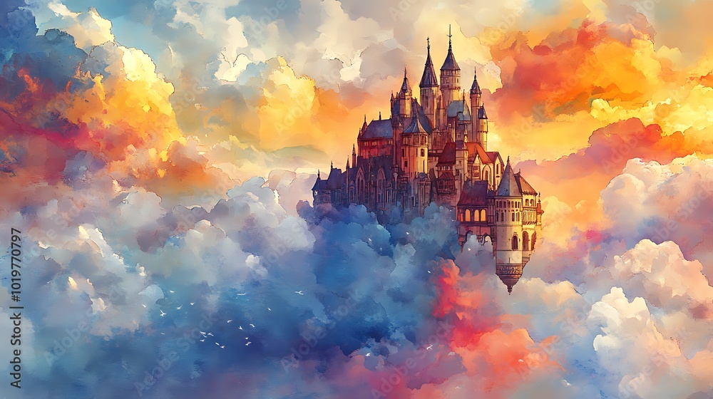 Naklejka premium Surreal Watercolor Castle in the Clouds