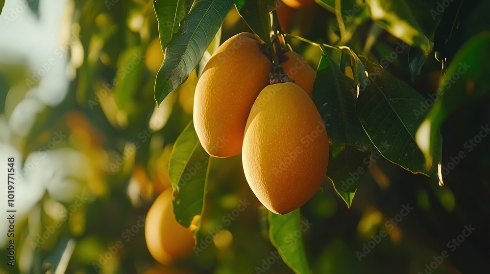 Close-up of Ripe Mango Fruits Hanging on Tree Branches, Fresh Tropical Produce, Vibrant Yellow Color, Healthy Organic Food, Nature's Bounty, Delicious Summer Treats Close-up of Ripe Mango Fruits Hanging on Tree Branches, Fresh Tropical Produce, Vibrant Yellow Color, Healthy Organic Food, Nature's Bounty, Delicious Summer Treats
