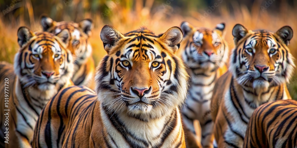 Powerful tiger staring at his pack in the savanna , tiger, pack, leader ...