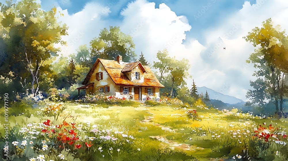 Fototapeta premium Cozy Cottage in Idyllic Watercolor Landscape