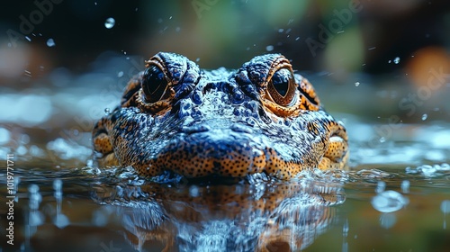 macro of a crocodiles head looking out of the water