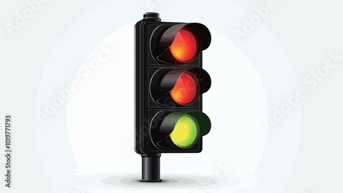 Traffic light with red, yellow and green traffic lights. Vector illustration. 