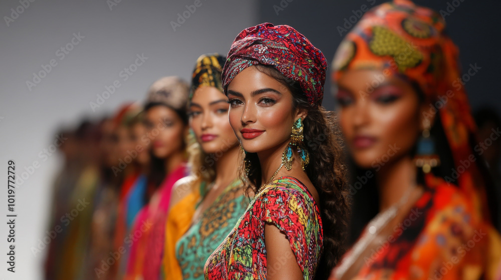 Fototapeta premium Dazzling Fashion Showcase Vibrant Styles and Cultural Expression on the Runway