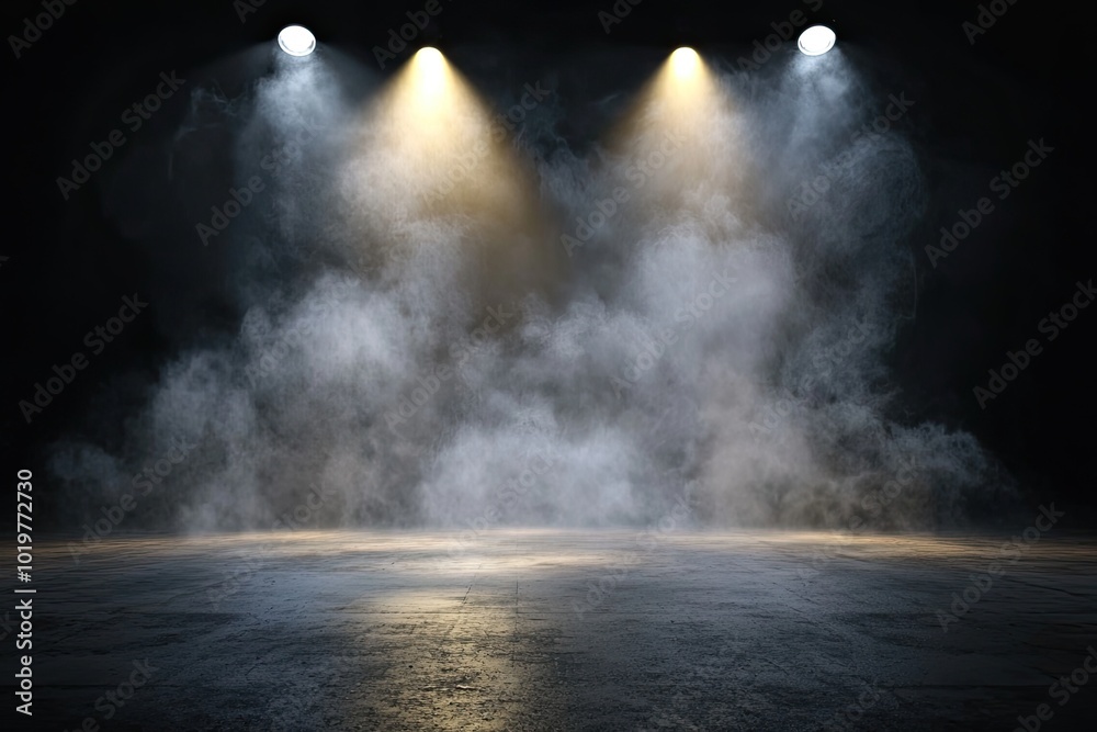 Obraz premium Dark background, concrete floor with smoke and fog, dark scene, spotlights on the ground, background for product presentation