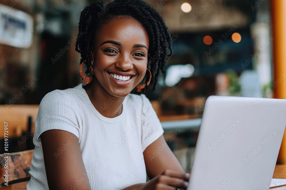 Smiling Woman Using Laptop in Cafe Smiling Woman Using Laptop in Cafe