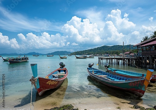 Serene Vibrant View of Bangrak Seatran Pier in Koh Samui with Crystal Clear Waters and Lush Greenery Ideal for Travel and Nature Photography photo