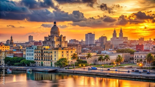 Sunset over Havana's iconic cityscape with view of river and historic buildings, Cuba, Havana, cityscape, sunset