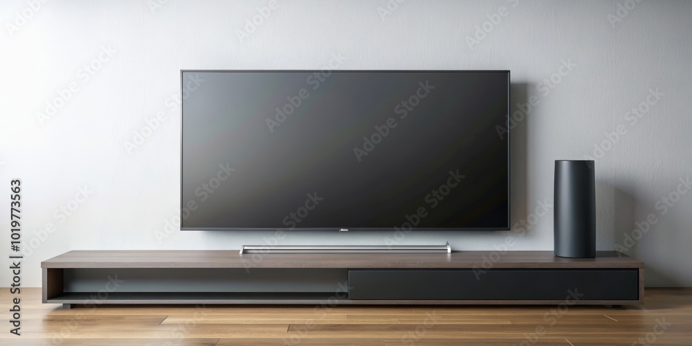 Minimalistic black soundbar next to sleek flat-panel television, modern, technology, entertainment, audio, speaker Minimalistic black soundbar next to sleek flat-panel television, modern, technology, entertainment, audio, speaker