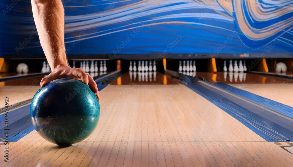 Naklejka premium hand throws the bowling ball towards the pins on track