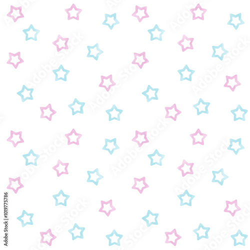 Watercolor blue and pink star seamless pattern vector. Cute stars on white background. Simple geometric design for fabric, textile, kid cloth, baby dress, wrapping, paper, print, card, cover, decor.