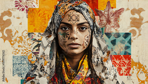 Portrait series of people wearing or surrounded by elements from multiple cultures, blending them into a seamless artistic expression