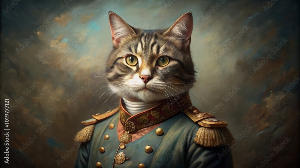 Fototapeta Classic oil painting of a cat dressed in military clothing in old classical style, feline, art, painting, vintage