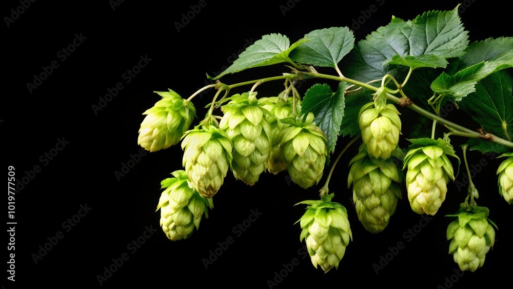 Fototapeta premium Branch with ripe hop cones, isolated, branch, ripe, hop, cones, isolated, agriculture, harvest, plant, organic, beer