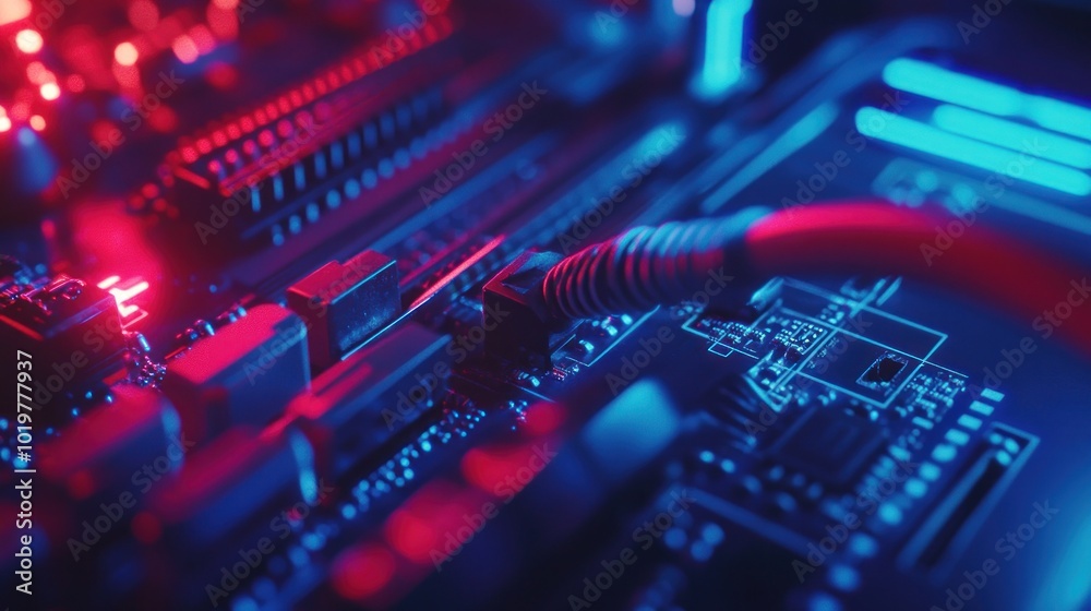 Obraz premium Circuit Board with Red and Blue Neon Lights