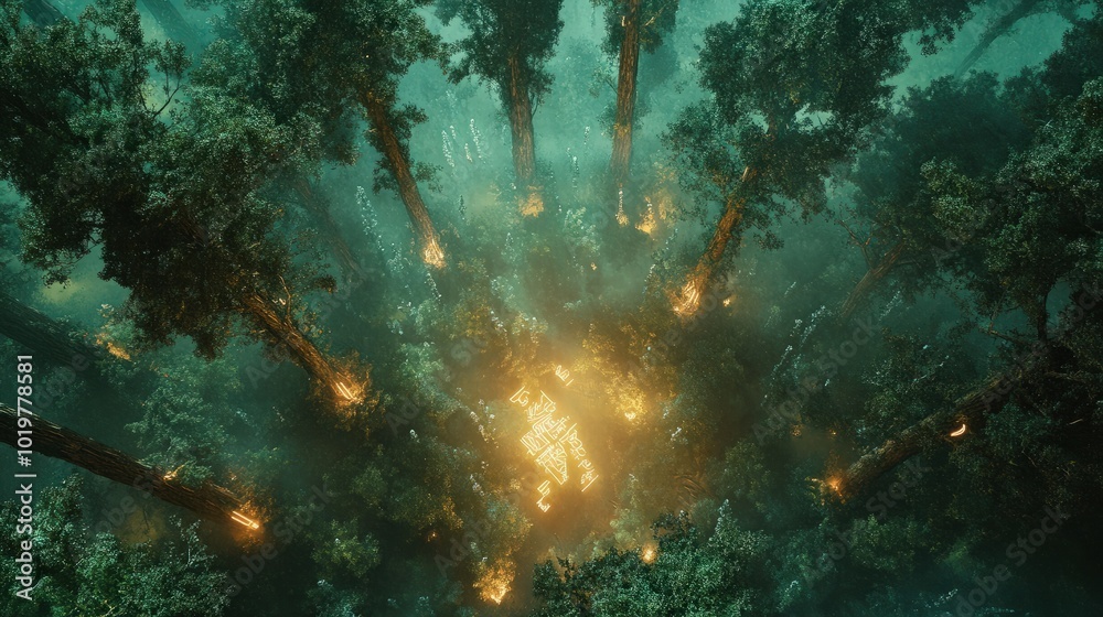 Fototapeta premium An overhead shot of an enchanted forest, where the treetops shimmer with otherworldly light and ancient runes glow softly on the forest floor, guiding the way to a magical portal