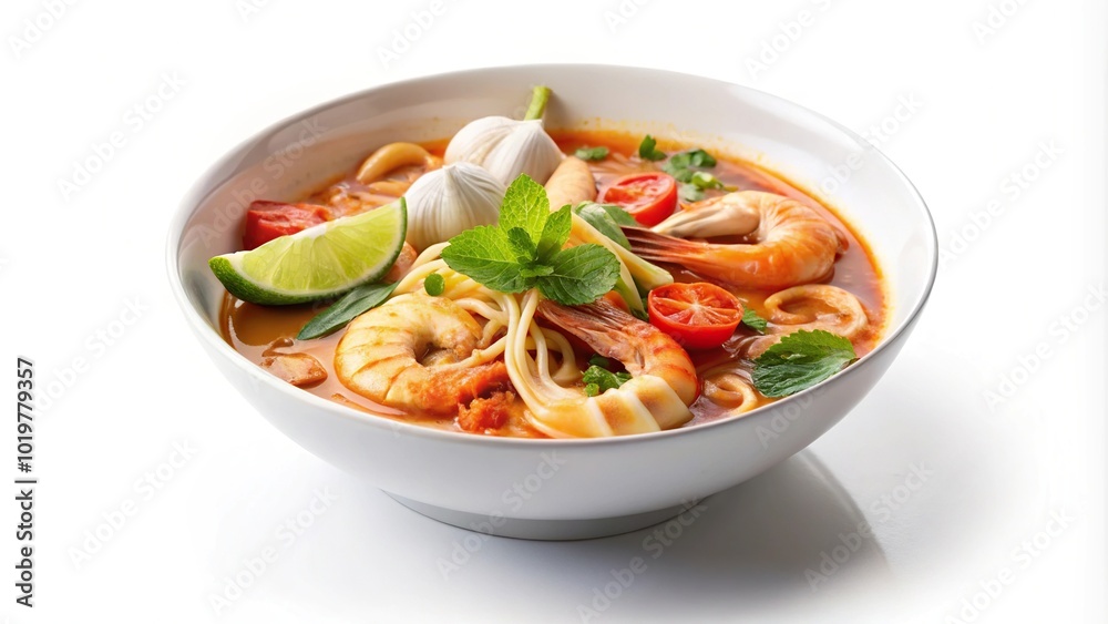 Asymmetrical Seafood Tom Yum Noodles on white background Asymmetrical Seafood Tom Yum Noodles on white background