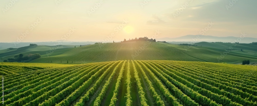 Breathtaking Sunrise Over Lush Vineyard Landscape A Serene Escape into Nature's Beauty