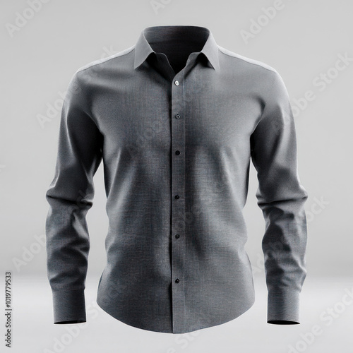 Grey shirt with black collar and white buttons, laid out on a wooden table with soft sunlight peeking through a nearby window.