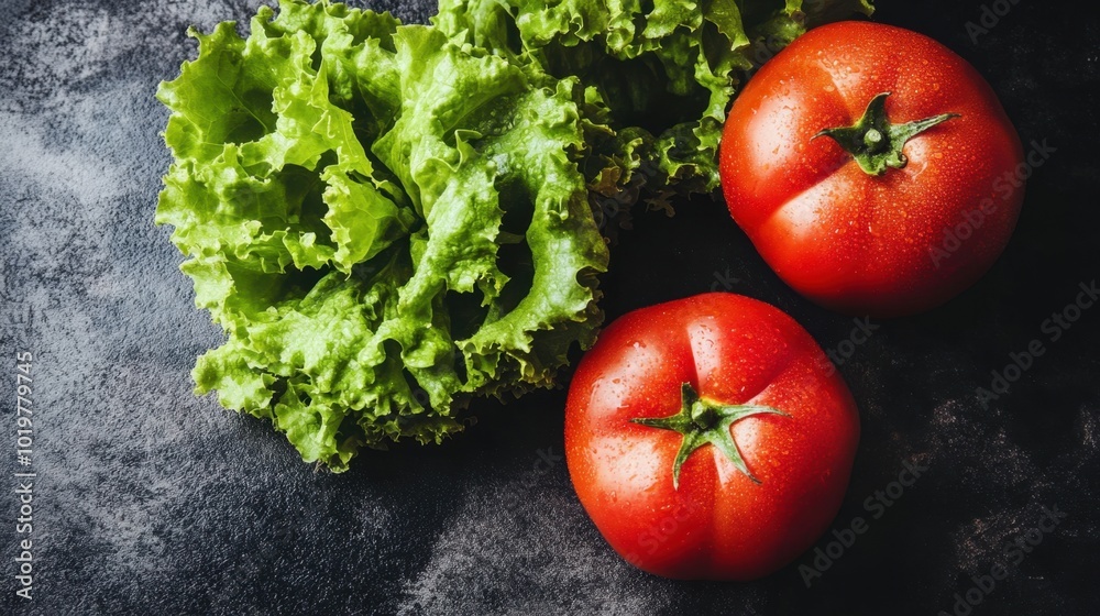 Fresh tomatoes alongside crisp lettuce on a dark surface, highlighting healthy, organic ingredients. Fresh tomatoes alongside crisp lettuce on a dark surface, highlighting healthy, organic ingredients.