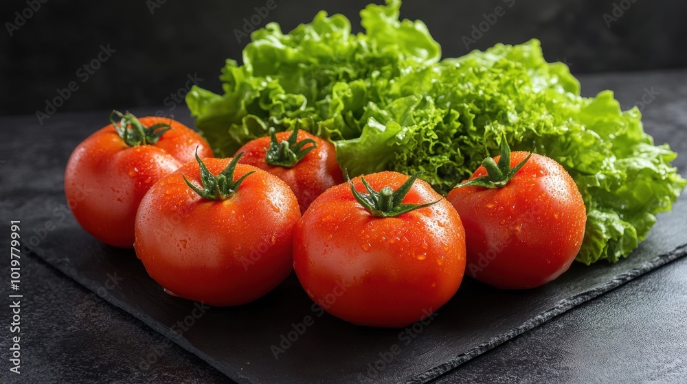 Fresh tomatoes and crisp lettuce on a rustic dark surface, ideal for healthy cooking or salad prep. Concept of organic produce and freshness. Fresh tomatoes and crisp lettuce on a rustic dark surface, ideal for healthy cooking or salad prep. Concept of organic produce and freshness.