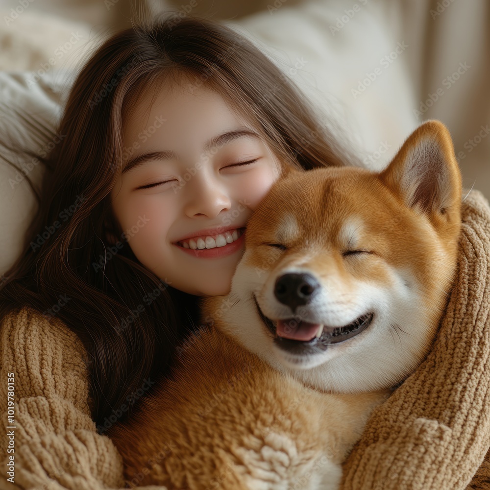 Girl Hugging Shiba Inu.